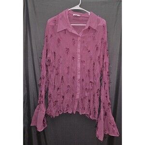 Kaelyn Max Womens Blouse Size 3X Pink Textured Fringe Button Up Long Sleeve